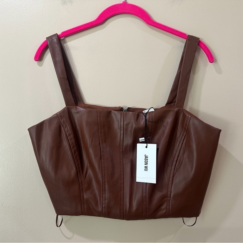JASON WU Dark Camel Brown Faux Leather Square Neck Cropped Top